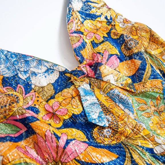 70s metallic floral dress l xl extra large / floral disco dress / formal event d - Picture 9 of 10